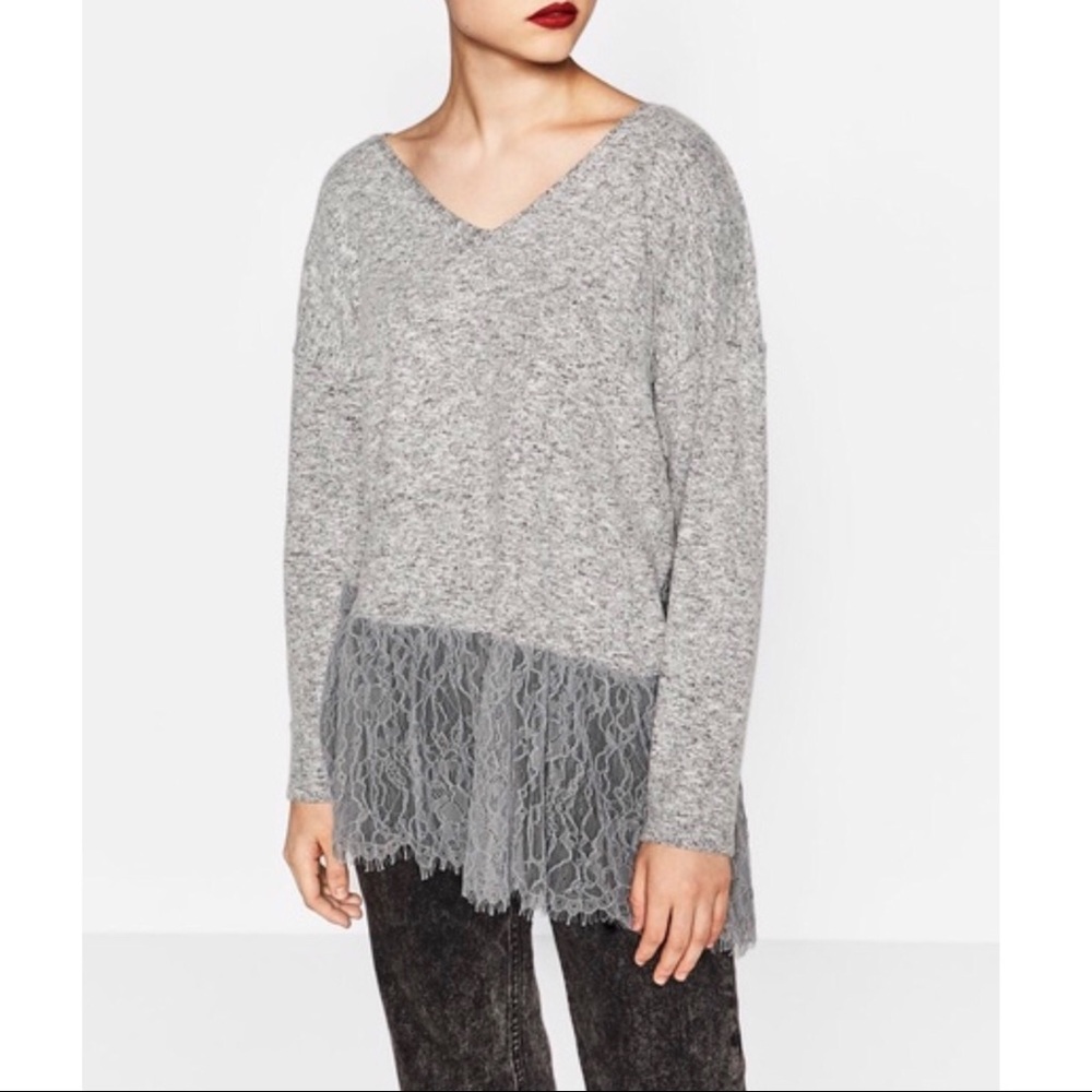 Zara gray lace hem sweater